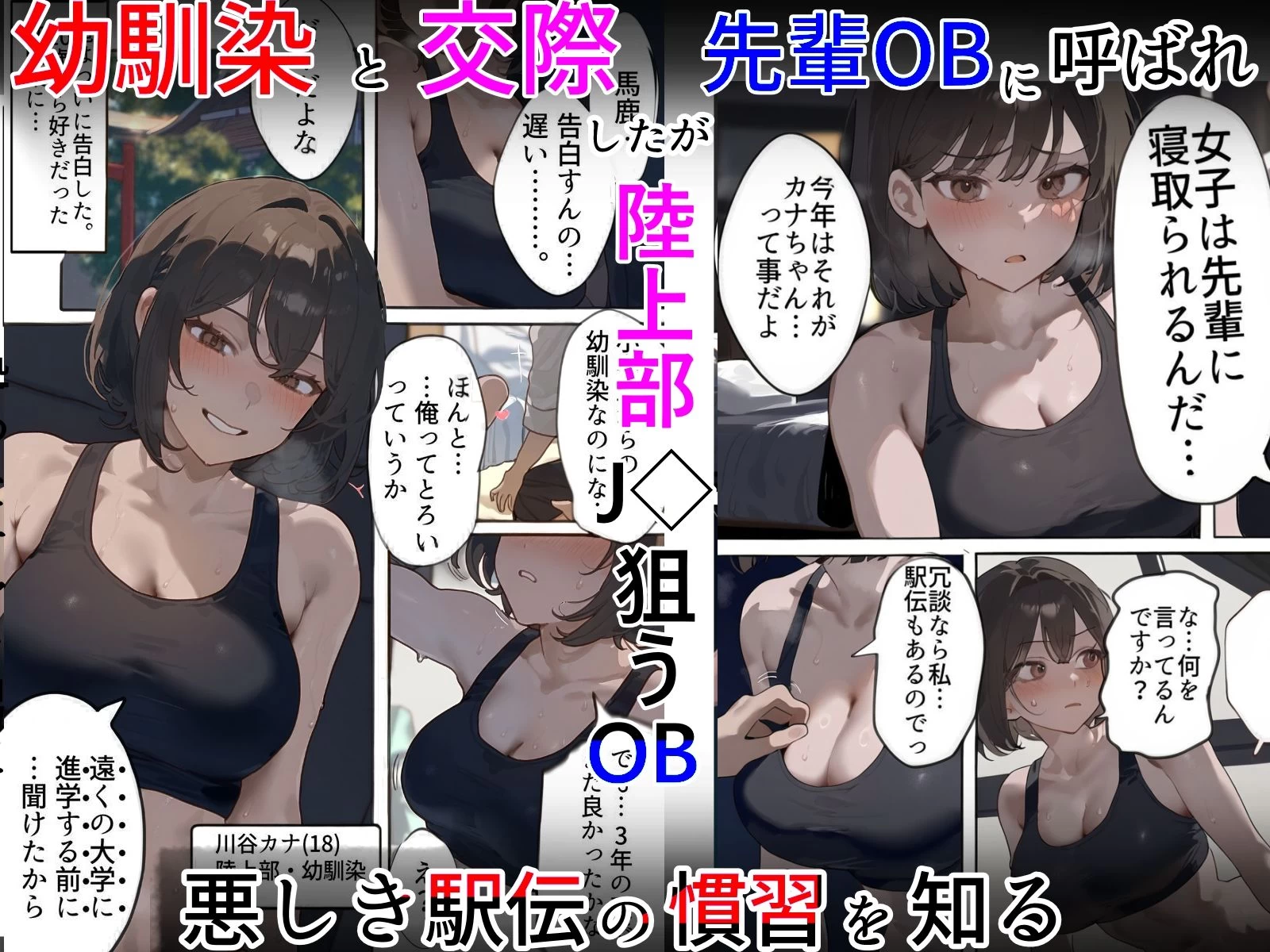 d_270100 | 開催！寝取られ駅伝〜陸上女子は大会中に先輩OB達に中出し孕ませられても繋げ！精子塗れのバトンで優勝狙う！大学で遠距離になる前最後の幼馴染彼氏との初セックスは延期で色黒チャラ男OBに寝取られる話【寝取られるタマシギの一滴】 - サンプル画像1