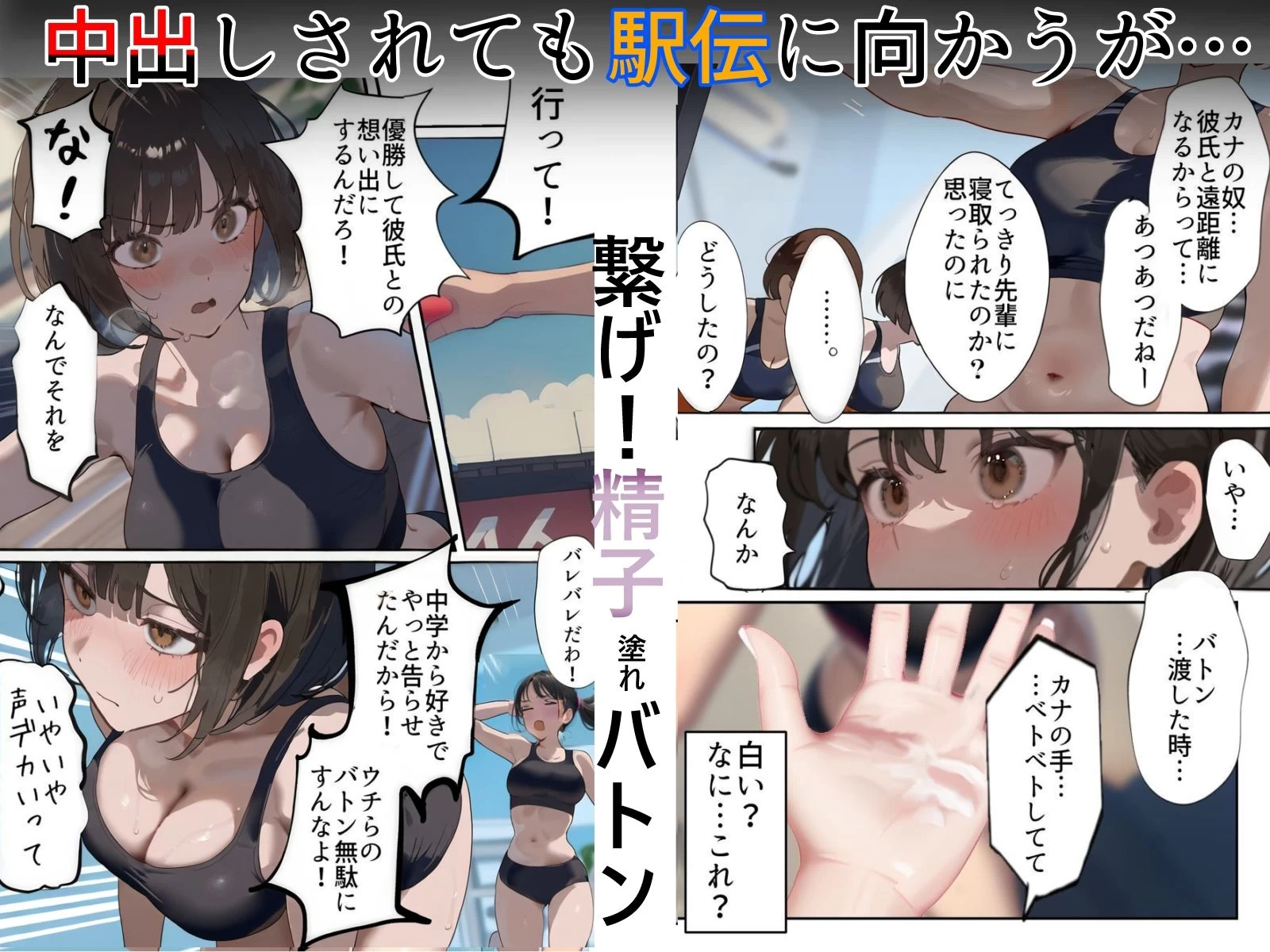 d_270100 | 開催！寝取られ駅伝〜陸上女子は大会中に先輩OB達に中出し孕ませられても繋げ！精子塗れのバトンで優勝狙う！大学で遠距離になる前最後の幼馴染彼氏との初セックスは延期で色黒チャラ男OBに寝取られる話【寝取られるタマシギの一滴】 - サンプル画像7