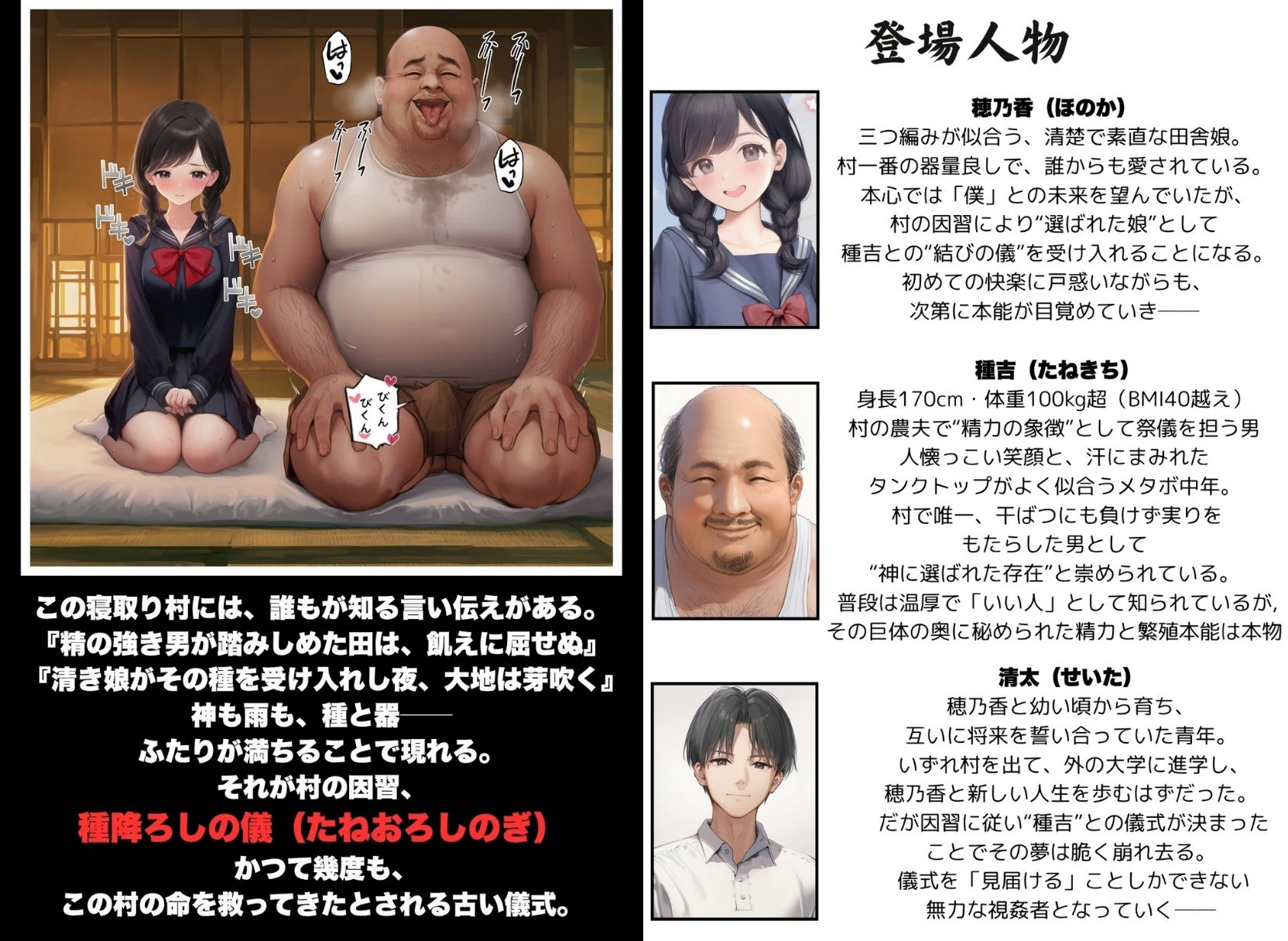 d_604159 | 【因習村】村の飢饉を救うため差し出された僕の彼女、BMI40越えで性欲だけはいっちょまえの種付けおじさんに媚薬を飲まされ、おじさん特有のねちっこい前戯で全身べちょべちょに舐められたあげく、聖なる肉棒（チンカス付き）の掃除を実施！ その後はついに処女おまんこにゴールイン！入念かつ丹念にがん突きにされ、イキまくりんぐ！一晩中汗だくで連続絶頂アクメを決めさせられた話。 「穂乃香ぁ〜、オラの精、まるごと受け止めてくんろぉ〜〜！」【種付け出版】 - サンプル画像1