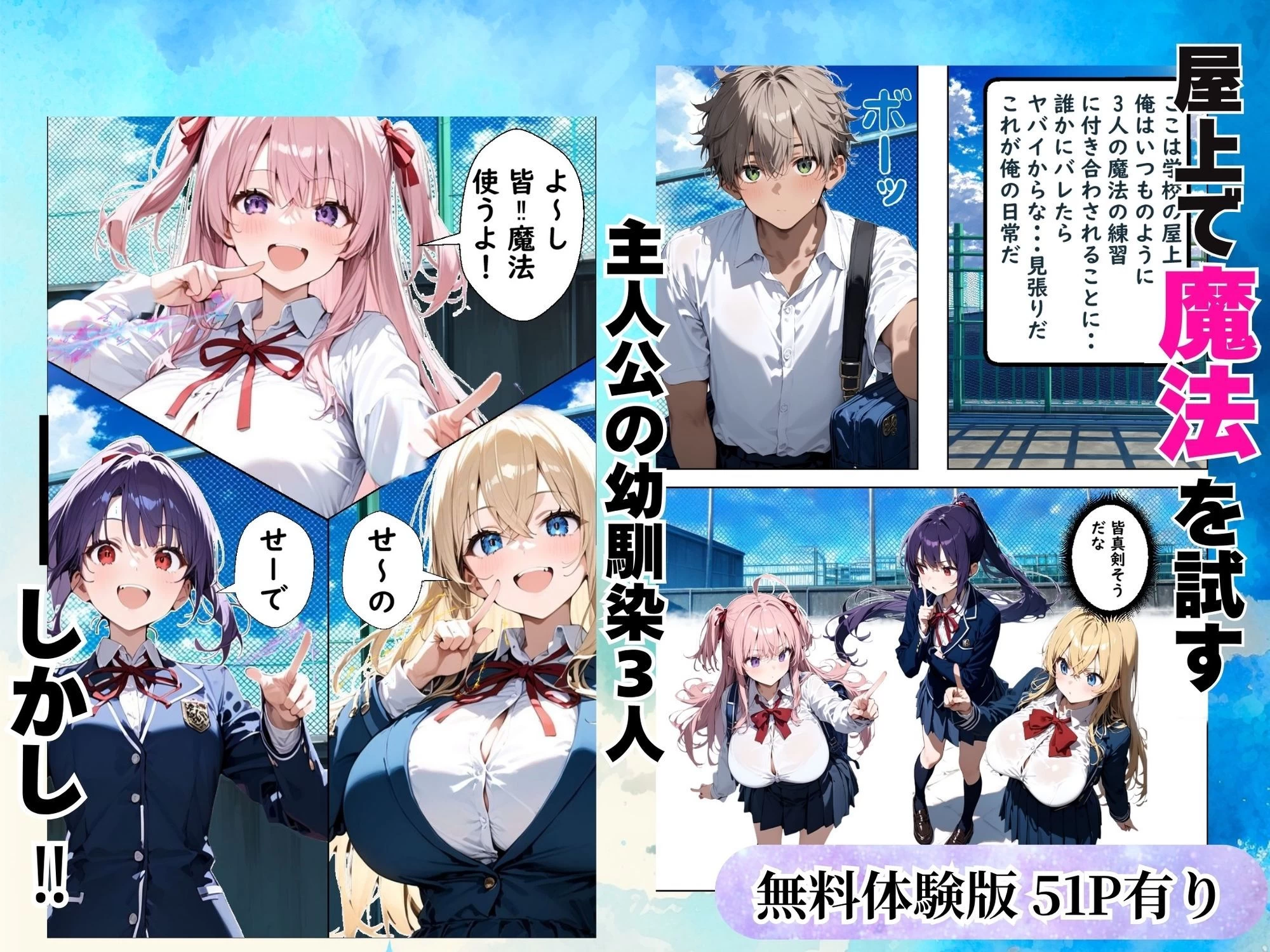 d_678394 | Hぷにんぐ  幼馴染魔法少女3人と魔法失敗でラッキースケベ連発のハーレム学園生活【むぎゅっと館】 - サンプル画像1